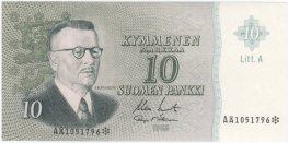 10 Markkaa 1963 Litt.A AÅ1051796* kl.9