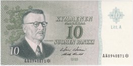 10 Markkaa 1963 Litt.A AÅ0940871* kl.9