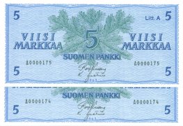 5 Markkaa 1963 Litt.A A000017X kl.9