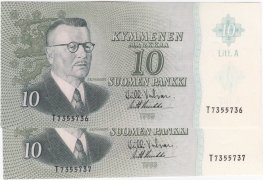 10 Markkaa 1963 Litt.A T735573X kl.8-9