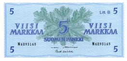 5 Markkaa 1963 Litt.B N6893165 kl.9