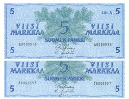 5 Markkaa 1963 Litt.A A000055X kl.8