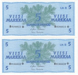 5 Markkaa 1963 Litt.B B014441X* kl.9