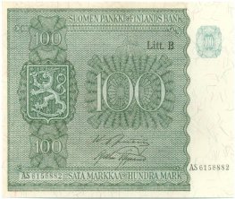 100 Markkaa 1945 Litt.B AS6156882 kl.8-9